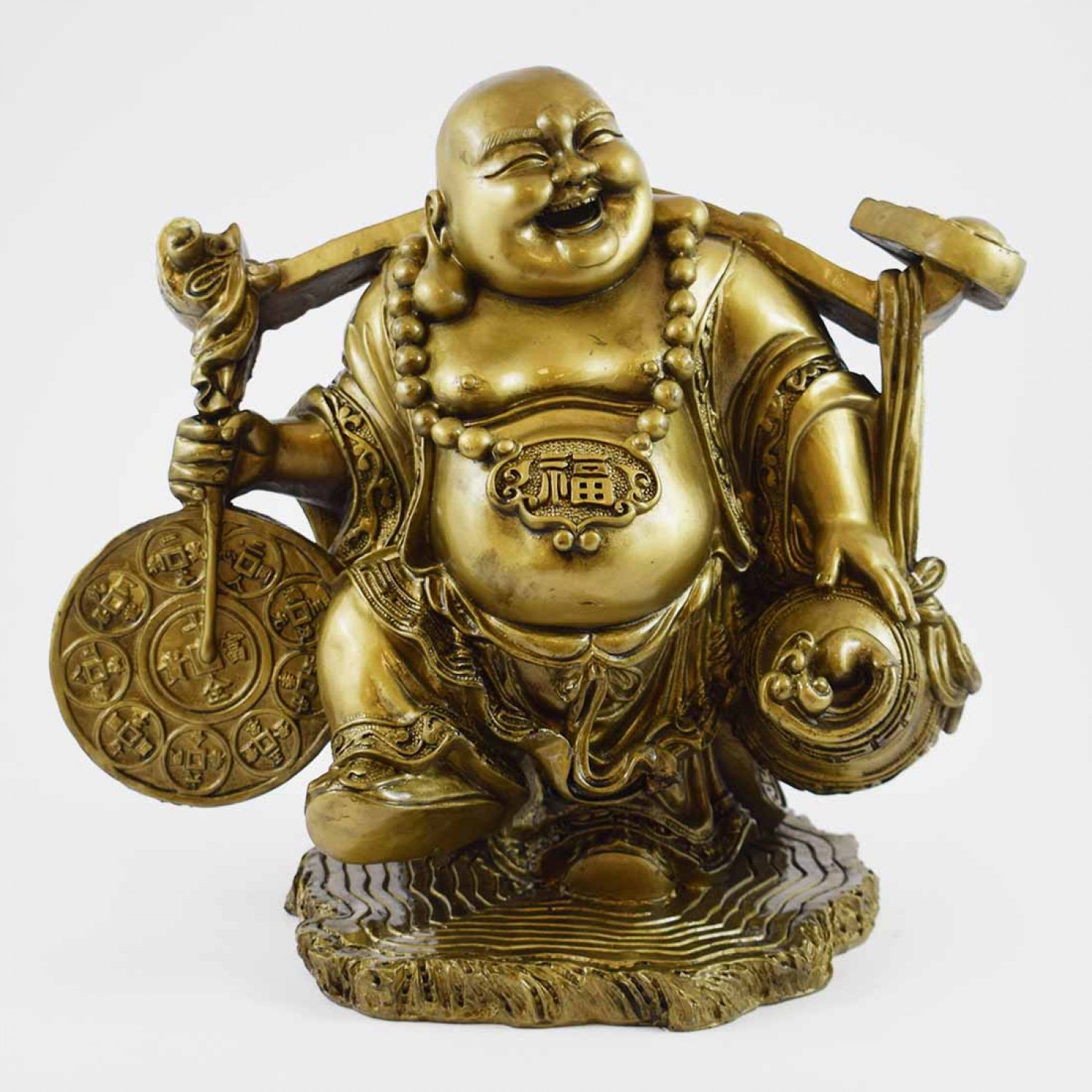 Big Size Brass Handmade Laughing Buddha With Ru Yi On Shoulder